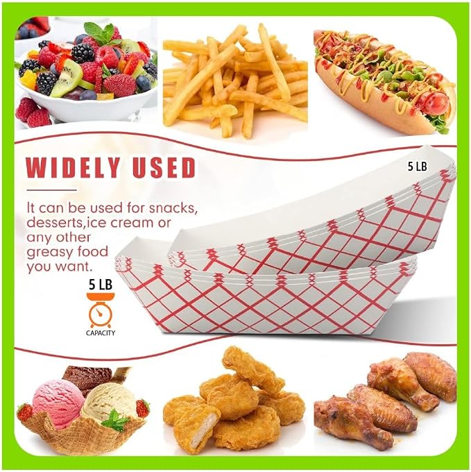 Excellent 5 lb Paper Food Boats Heavy Duty Disposable Food Trays, Red Check Nacho Tray for Parties Fairs Picnics Carnivals, Fries Hot Dog Grease Resistant 100,250,500CT (500) - Image 2