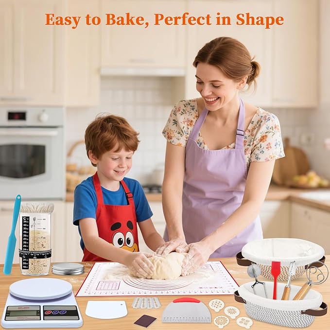 Aliggbent 38Pcs Sourdough Bread Baking Supplies – 11'' Oval & 10'' Round Cotton Rope Banneton Bread Proofing Baskets with Liners & Covers, Sourdough Starter Jar Kit, Scale, Bags & Bread Making Tools - Image 6