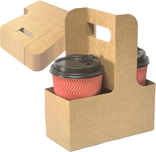 Disposable Drink Carrier with Handle, 2 Cup Kraft Paper to Go Coffee Cup Holder for Food Delivery Service Hot or Cold Drinks (100Pcs Kraft)