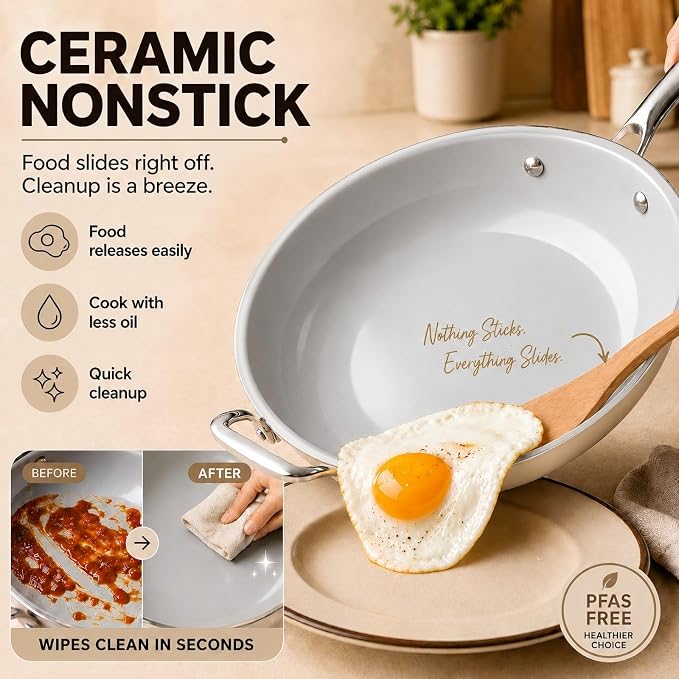 Kikcoin 12 INCH Ceramic Nonstick Deep Frying Pan with Lid, 5 QT Saute Pan - Image 3