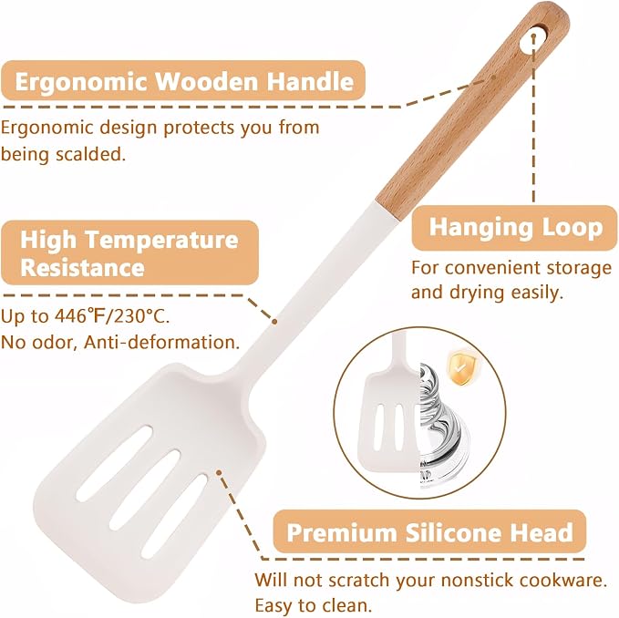 Silicone Cooking Utensils Set 5 Pcs Large Non-Stick Kitchen Utensils Set, Wooden Handle Heat Resistance Turner Soup Ladle Spoon Silicone Cooking Kitchen Gadgets BPA Free for Nonstick Cookware - Image 2