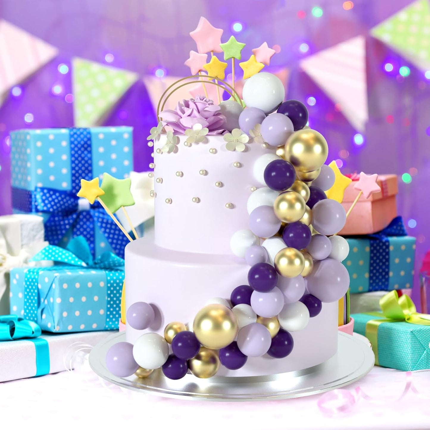 48 Pcs Balls Cake Topper Decorations Balloon Cupcake Toppers Foam Cake Topper Balls Cake Balls Decorations for Birthday Party Wedding Cake Decorating (Purple, Light Purple, White, Gold)