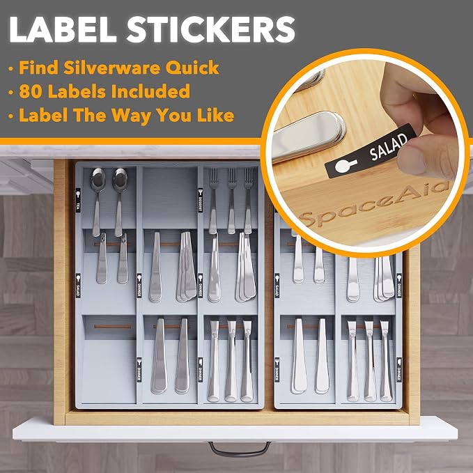 SpaceAid Bamboo Silverware Drawer Organizer with Labels, Kitchen Utensil Tray Holder Organizer for Flatware, Cutlery, Spoon and Knives Drawer Storage Organization (Gray, 6 Slots) - Image 3