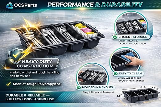OCS Parts 6-Pack 4-Compartment Cutlery Bins | Black | Heavy Duty Silverware and Cutlery Organizer Trays for Kitchen Organization, Dishes, and Drawer Organization - Image 5