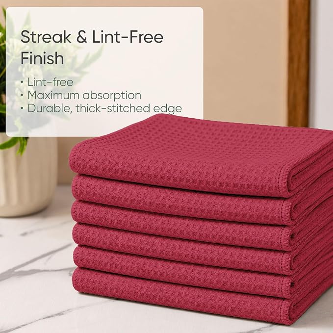 Kitchen Towels - Microfiber Waffle Weave Towels | Absorbent, No Lint, Thick, Reusable, Commercial, Soft, Hand, Tea, Glass, Bar, Sublimation Blank, Polyester Cloths (Red, 16 x 16 (6 Pack)) - Image 4