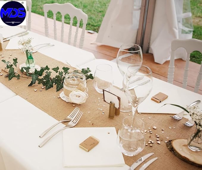 MDS® Pack of 15 Natural Burlap Table Runner, 12 x 72 Inch, Jute Vintage Rustic Farmhouse Boho Table Decor for Wedding Reception, Dining Table, Bridal Shower, Baby Shower & Holiday Party Decorations - Image 2