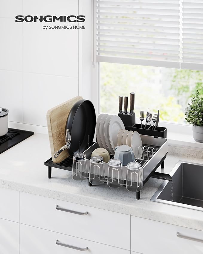 SONGMICS Dish Drying Rack, Expandable Stainless Steel, with Rotatable Spout - Image 2