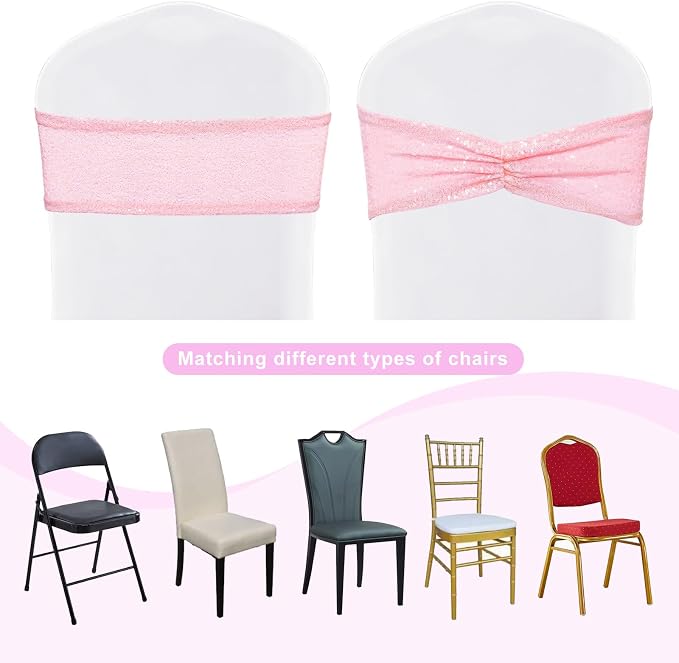 SquarePie Sequin Chair Sashes Bows 10 Pack Pink Shiny Chair Sahes Bands for Wedding Banquet Party Decor - Image 7