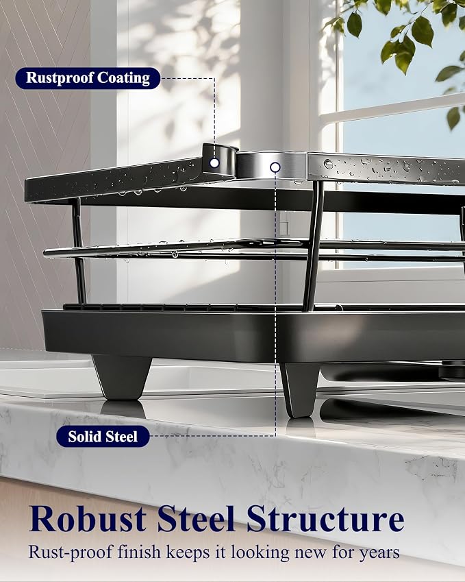 Kitsure Dish Drying Rack for Kitchen Counter, 12''W x 15.5''L, Black - Image 6
