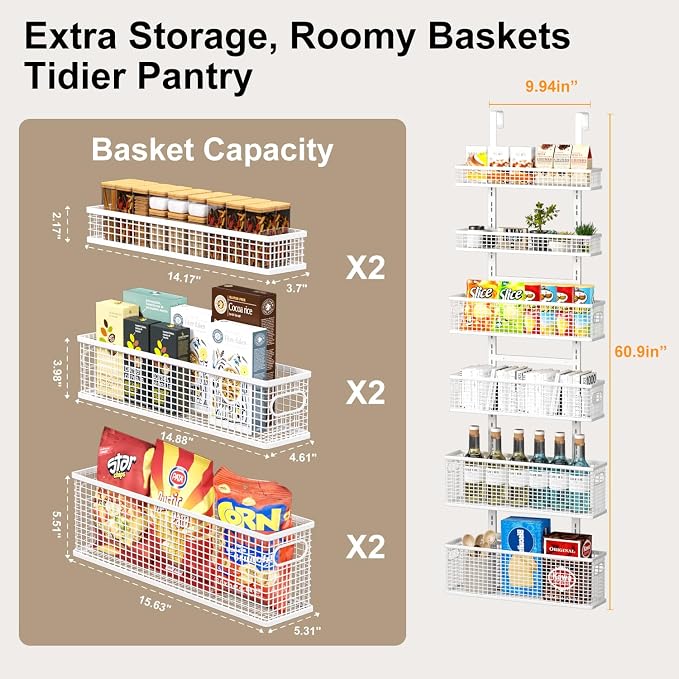 6-Tier Over The Door Pantry Organizer,Hanging Spice Rack,Grid Basket,White - Image 5