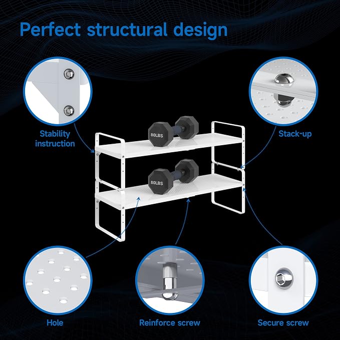 Expandable Cabinet Shelf Organizer Adjustable Metal Spice Rack Stackable Freestanding Counter Storage Shelves for Kitchen Cabinet Under Sink Office Desk (White - 2Pack - L16.5-27'' * W10.2'' * H9.6'') - Image 6