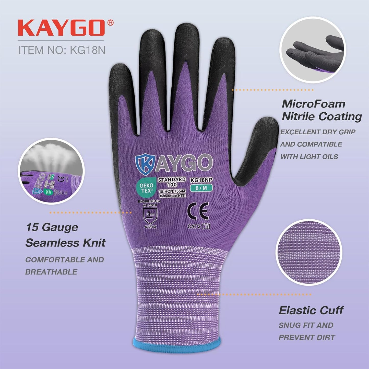 KAYGO Safety Work Gloves MicroFoam Nitrile Coated, 12 Pairs KG18NB,Seamless Knit Nylon Glove for Men and Women, Ideal for Automotive,Warehouse,Construction (M, Purple)