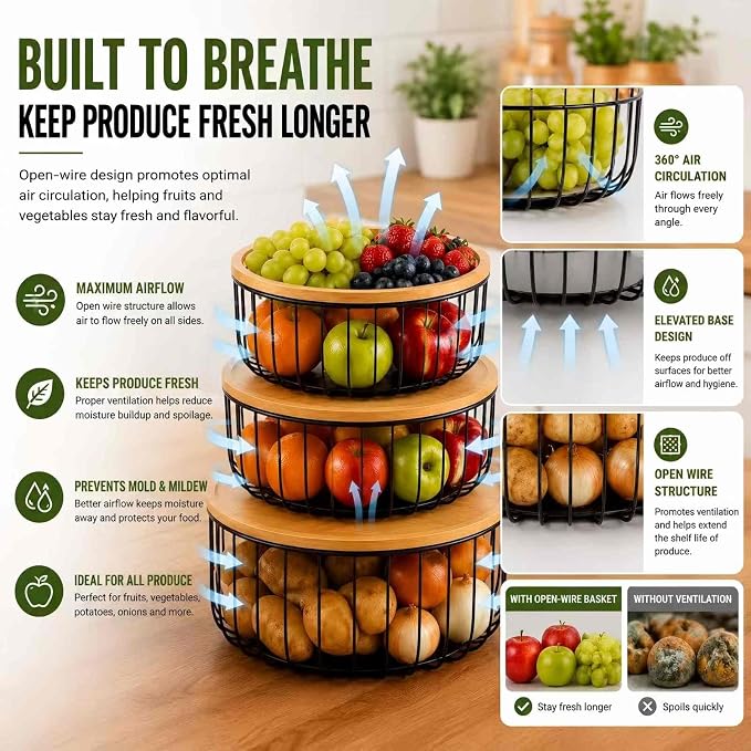 3-Piece Stackable Fruit Basket with Bamboo Lids for Kitchen Counter | Large Mesh Fruit Bowl for Fresh Fruit, Bread & Produce Storage - Image 4
