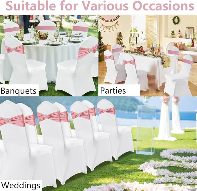 Dusty Pink Chair Sashes 50 Pack Spandex Pink Sashes for Chairs Covers Universal Stretch Chair Sashes Band with Heart Buckle Slider for Wedding Banquet Party Decorations - Image 7