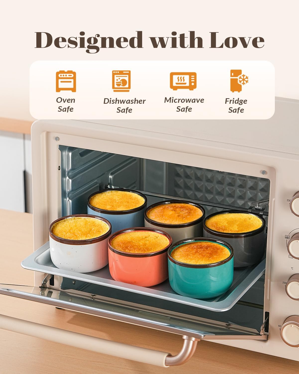 Juimma Ramekins 6 oz, Creme Brulee Ramekins Oven Safe, Ramiken Small Bowls Ceramic Baking Dishes for Pudding Custard, Dipping Sauce Cups for Souffle Ice Cream, Set of 6, Morandi Color