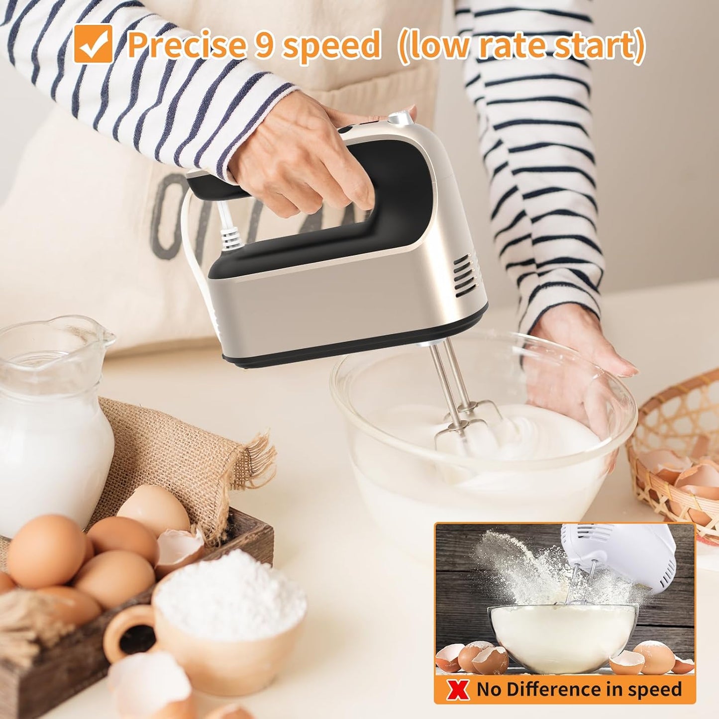 9-Speed Digital Hand Mixer Electric, 400W Powerful DC Motor, Baking Mixer Handheld with Snap-On Storage Case, 5 Stainless Steel Accessories, Flat Beaters, Dough Hooks, Whisk (Champagne Gold)