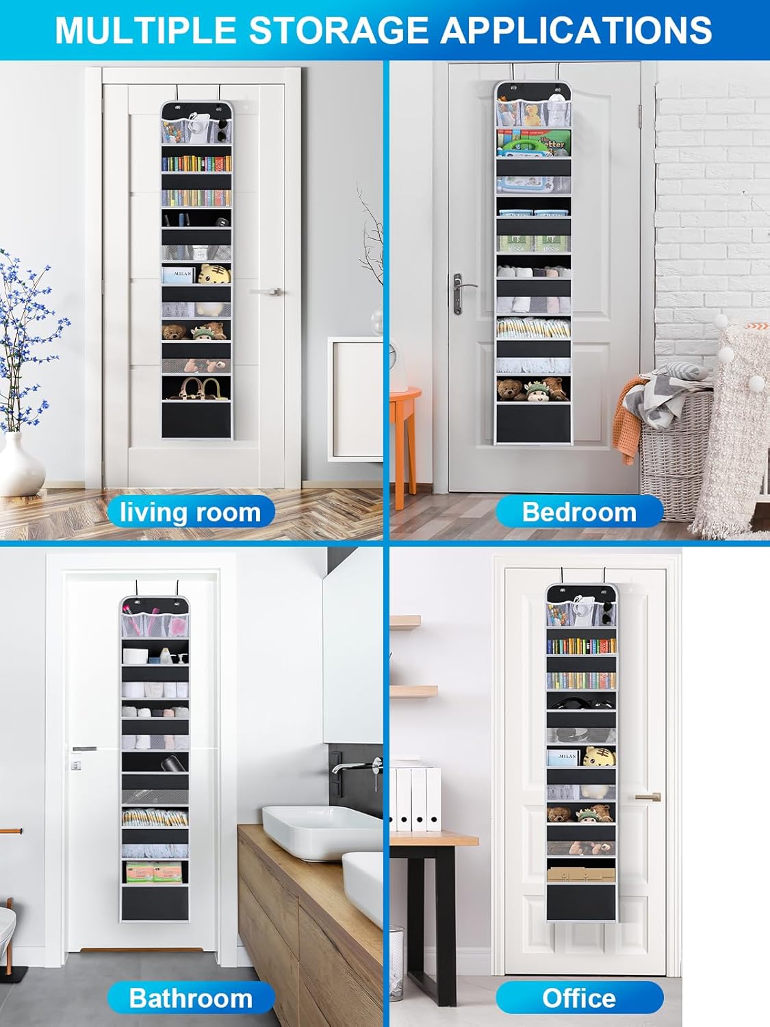 Over the Door Organizer Storage - 6 Tier Hanging Storage shelves Door Organizer with Pockets, Anti Tilt 44 lb Load Behind Door Organizer for Bedroom,Nursery,Bathroom,Kitchen,Dorm,Shoe - 1 Pack, Black