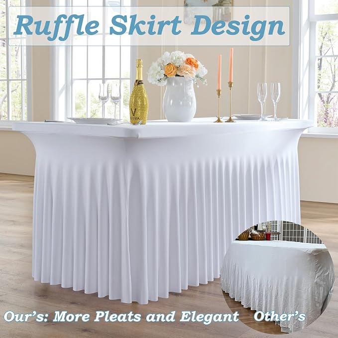 12 pk White Spandex Table Cloth Rectangle 8ft with Ruffle Skirt,Wrinkle Free High-Stretch Fitted Tablecloths for 8 Foot Rectangle Tables,Elastic Spandex Table Covers 8 ft for Parties Weddings Banquet - Image 2