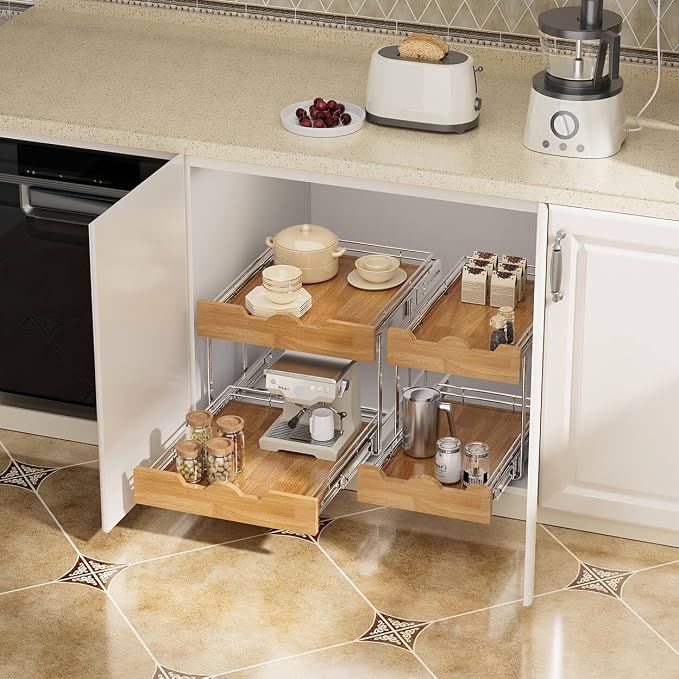 OCG Pull Out Cabinet Organizer 14" W x 21" D, 2 Tier Slide Out Shelf, Heavy-Duty Pull Out Drawer for Cabinets, Base Cabinet Organization for Kitchen, Pantry, Bathroom - Image 6