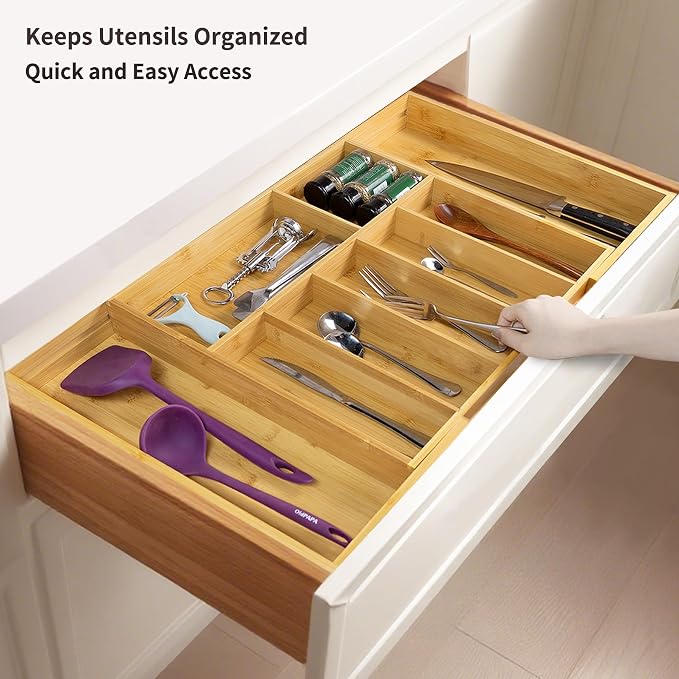 Utoplike Extra Large Kitchen Drawer Organizer, Solid Bamboo Silverware Tray | Expandable Drawers Organizer Holder for Utensils, Cutlery, Silverware, Flatware and Spatulas, Adjustable 7-9 Slots - Image 2