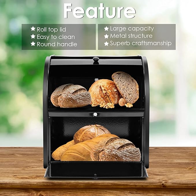 Stainless Steel Bread Box, 2 Layer Roll Top Bread Boxes, Large Capacity Food Storage Container for Kitchen Counter, Metal Bread Bin, Bread Holder for Countertop 12.6" x 9.7" x 12.8" (Black) - Image 3