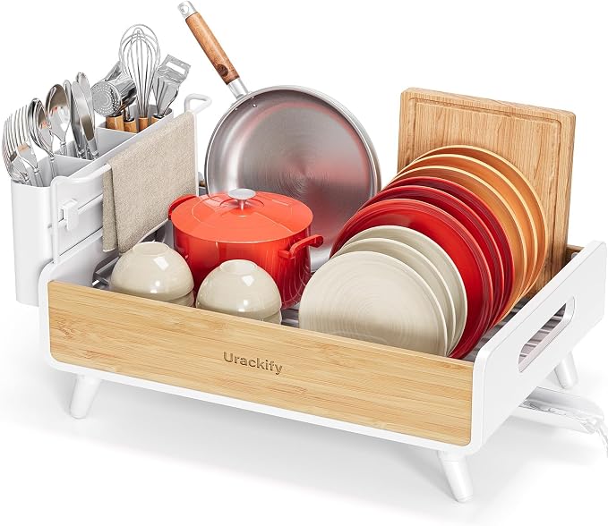 Urackify Bamoboo Dish Drying Rack for Kitchen Counter,Stainless Steel,White by Urackify