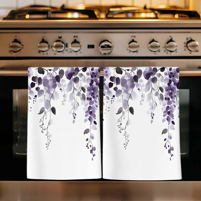 Purple Eucalyptus Kitchen Towels Set of 4, Absorbent Dish Towels for Kitchen, Spring Summer Botanical Plants Chic Microfiber Hand Towel, Quick Drying Tea Towel for Cleaning Decorative Dishcloths by Unknown