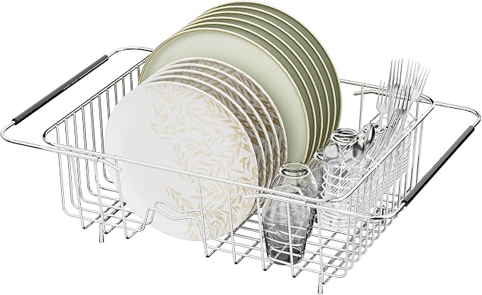 JAQ Over Sink Dish Drying Rack for Medium to Large Sink, Expandable 15.08"–22.4", Adjustable 304 Stainless Steel Dish Drainer with Utensil Holder, Large Capacity Holds Up to 13 Plates by JAQ-BuyNow