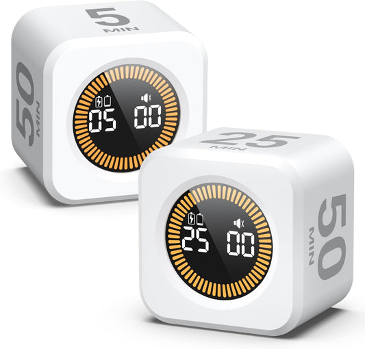 KADAMS Pomodoro Cube Timer Productivity Visual Timer - 5/10/25/50 Min Rotating Countdown, Customize Countup Silent Mode- for Work Study Cook Workout Kitchen Back to School Classroom (White, 2 Pack)