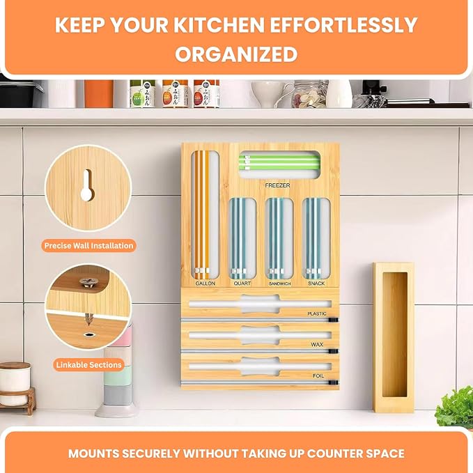 Storage Bag Organizer for Kitchen Drawer, Foil and Plastic Wrap with Cutter, Organizers Compatible Gallon, Quart, Sandwich Snack Size 9 in 1 - Image 3