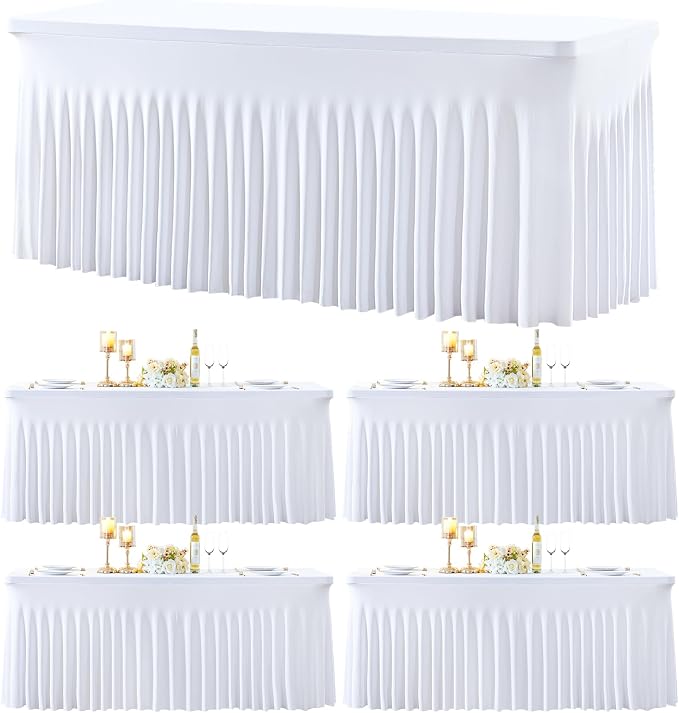 gogoparti 4 Pack Spandex White Fitted Table Cloth for 8ft Rectangle Tables White Stretch Tablecloth Table Covers Skirt Banquet Wrinkle Free Tablecloths for Parties Wedding by Gogoparti