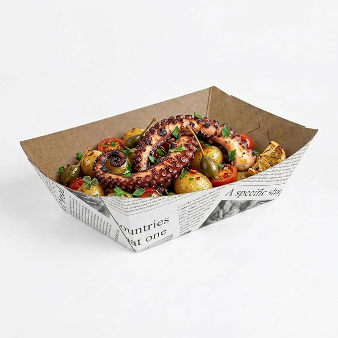 Restaurantware-Bio Tek 1/2 Pound Food Trays, 50 Disposable Paper Food Trays - Heavy-Duty, Greaseproof, Newsprint Paper Food Boats, For Snacks, Appetizers, Or Treats, Use At Parties Or Carnivals by Restaurantware