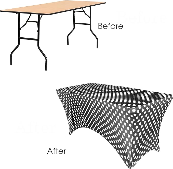 YOUR CHAIR COVERS Rectangular Spandex Table Covers 6ft Fitted Tablecloth Wedding Event Patio Decorations Elastic Fabric Stretch Tables Cover for 6 ft Folding Table (Black & White Polka Dot) - Image 5