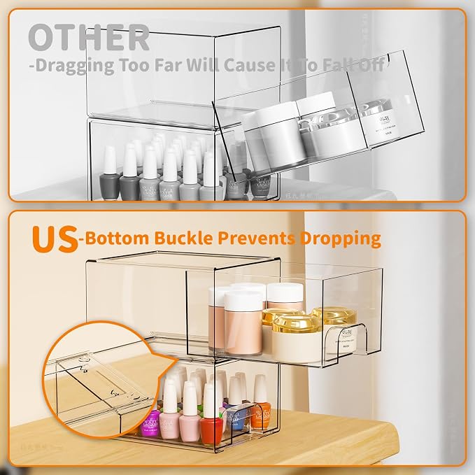 Yieach 2 Pack Clear Stackable Storage Drawers,4.4'' Tall Acrylic Drawer Containers for Organizing,Bathroom Organizers and Storage Bin Box,Plastic Makeup,Medicine Organizer Bins for Cabinet,Undersink - Image 4