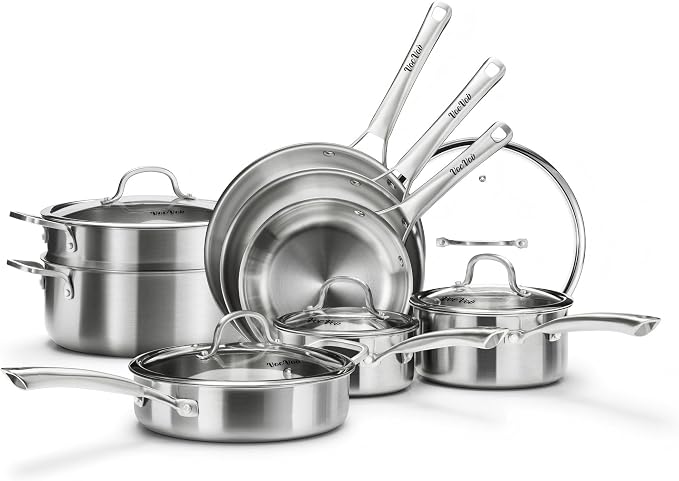 Stainless Steel Cookware Set,Tir-Ply Pots and Pans Set,13 Pcs Stainless Steel Induction Kitchen Cookware Sets,PFOA Free, Frying Pans, Butter warmer,Saute Pan & Stock Pot,Compatible with All Cooktops by VocVoi