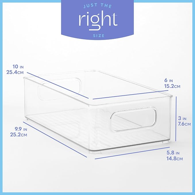 Plastic Food Storage 6 Pack Clear Container Bin with Handles for Organizing Kitchen, Pantry, Refrigerator, Freezer, Pantry, Cabinet, Closet, Bathroom. Stackable 10”x6”x3” - Image 3
