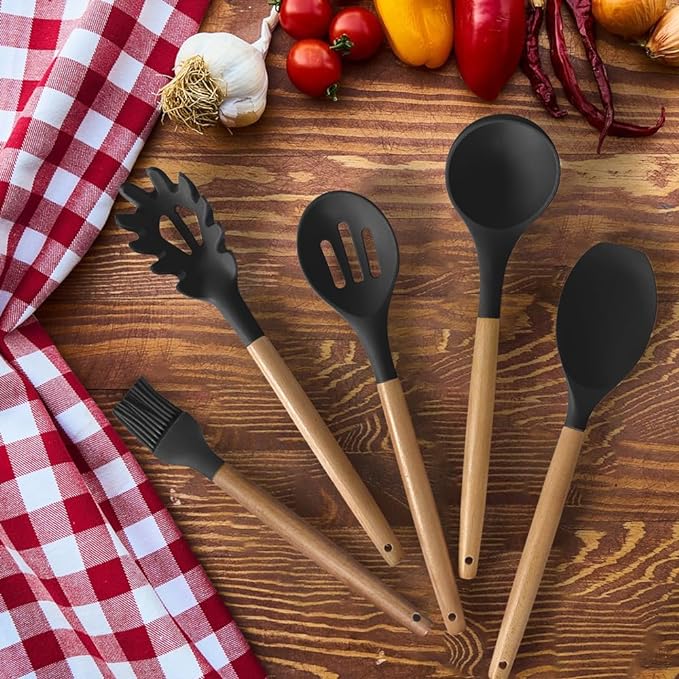 Cooking Utensils Set- 35 PCs Kitchen Utensils with Grater,Tongs, Spoon Spatula &Turner Made of Heat Resistant Food Grade Silicone and Wooden Handles Kitchen Gadgets Tools Set for Nonstick Cookware - Image 4