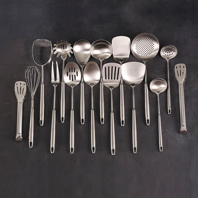 18/10 Stainless Steel Cooking Utensils Set - 16 PCS All Metal Utensils | Kitchen Tools - Whisk, Masher, Fork, Tong, Solid Slotted Spoon, Spatula, Turner, Ladle, Skimmer, Pasta, Small Large Spoon Set - Image 7
