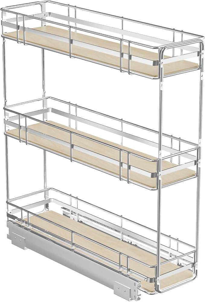 ROOMTEC 3-Tier Pull Out Cabinet Organizer Spice Rack for Narrow Cabinet 7" W x 20½" D, Slide Out Wood Shelves Storage for Kitchen by ROOMTEC
