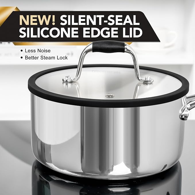 MICHELANGELO Triply Stainless Steel Saucepan Set with Strainer Lid, Heavy-duty Sauce Pan with Lid, Multipurpose Sauce Pot Induction Compatible - 1QT & 2QT & 3QT - Image 3