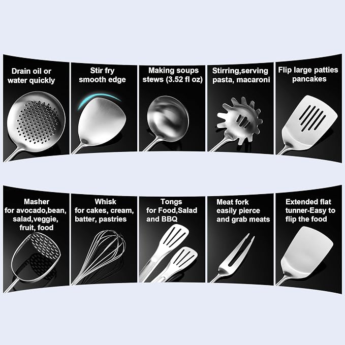 Stainless Steel Kitchen Cooking Utensils Set Wooden Handle 12 PCS | Metal Cooking Utensils Set-Spatulas,Ladle,Skimmer,Tunners,Spaghetti Spoon,Fork,Potato Masher,Egg Whisk,Tongs - Image 6