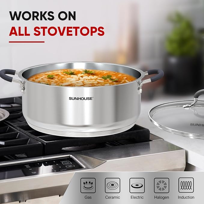 Sunhouse: 2-Tier Stainless Steel Steamer Pots - 5.5 Quart - Tempered Glass Lid, 3-Ply Bottom, Vegetable-Dumpling-Food Cookware, Dishwasher & Oven Safe - Image 5