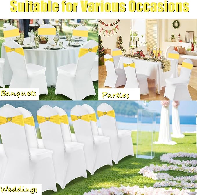 Yellow Chair Sashes 50 Pack Spandex Yellow Sashes for Chairs Covers Universal Stretch Chair Sashes Band with Heart Buckle Slider Sashes Bows for Wedding Banquet Party Decorations - Image 7