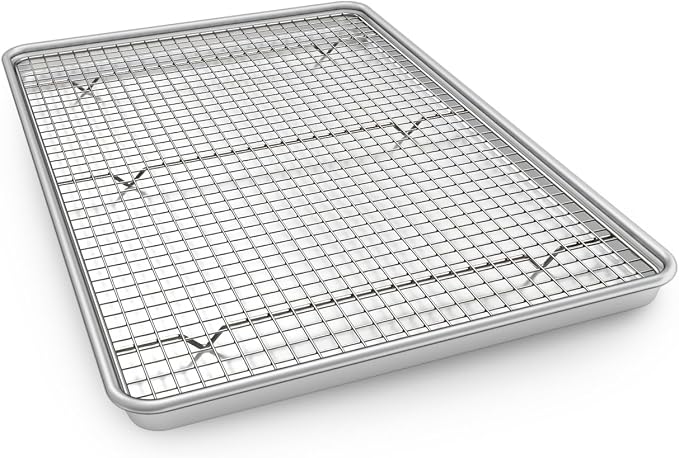 Half Sheet Pans with Rack Set, 13 Inch Commercial Quality Baking Sheet Pan Set, Natural Aluminum Cookie Sheet, Warp Resistant Nonstick Thick Cookie Tray Pans for Baking, Roasting by EWFEN