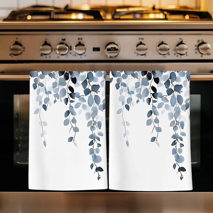 Blue Grey Eucalyptus Kitchen Towels Set of 3, Absorbent Dish Towels for Kitchen, Spring Summer Botanical Plants Chic Microfiber Hand Towel, Quick Drying Tea Towel for Cleaning Decorative Dishcloths by Unknown