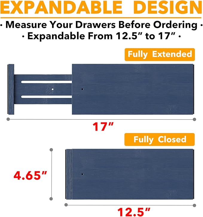 SpaceAid Bamboo 4 Pack Dresser Drawer Dividers, 4.65“ High Adjustable 12.5“-17” Drawer Organizers, Expandable Organization for Clothing, Clothes, Dressers, Navy Blue - Image 3