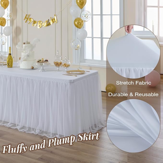 CO-AVE 6pack White Tulle Tablecloth for 8ft Rectangular Tables, 2-in-1 Elastic Stretch Spandex Cover with Tutu Ruffle Skirt, Wrinkle Free for Wedding, Birthday, Banquet, Buffet, Bridal Shower - Image 4