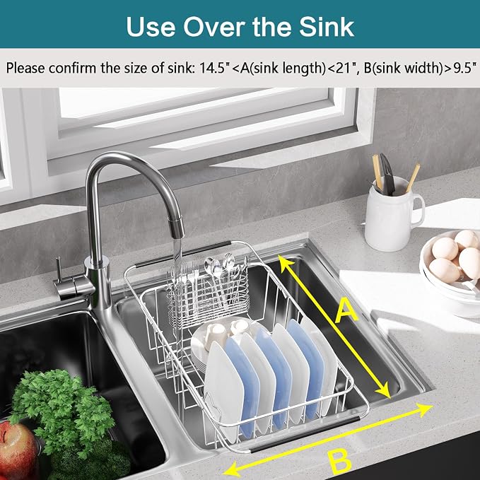 Small Dish Drainer Rack in Sink Adjustable, Expandable 304 Stainless Steel Metal Dish Drying Rack Organizer with Stainless Steel Utensil Holder Over Inside Sink Counter, Rustproof(For 1-2 People) - Image 4