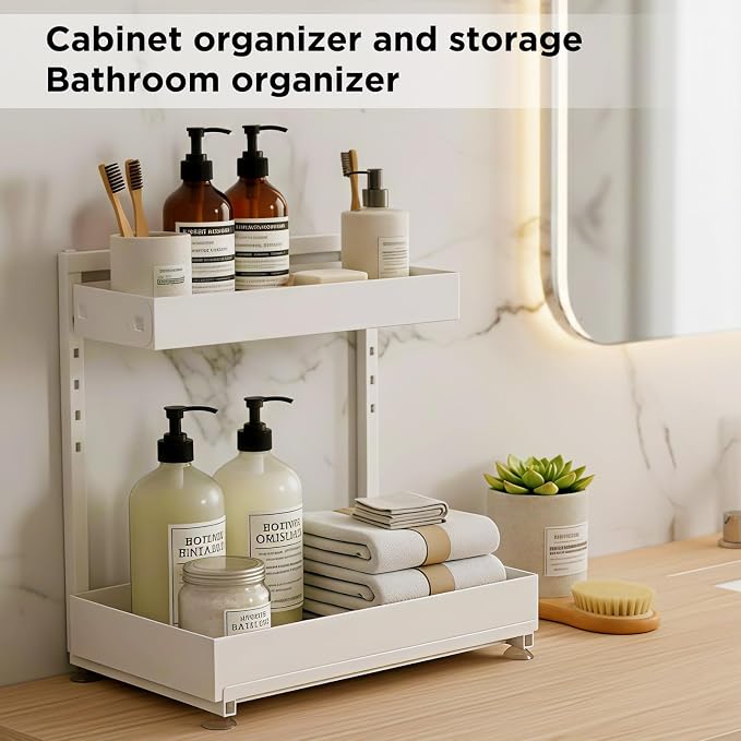 Under Sink Organizer Bathroom Kitchen: 2 Pack 2 Tier Metal Under Cabinet Storage with Height-adjustable Shelf and Pull out Rack for Pantry Vanity Cupboard Counter Countertop, White - Image 9