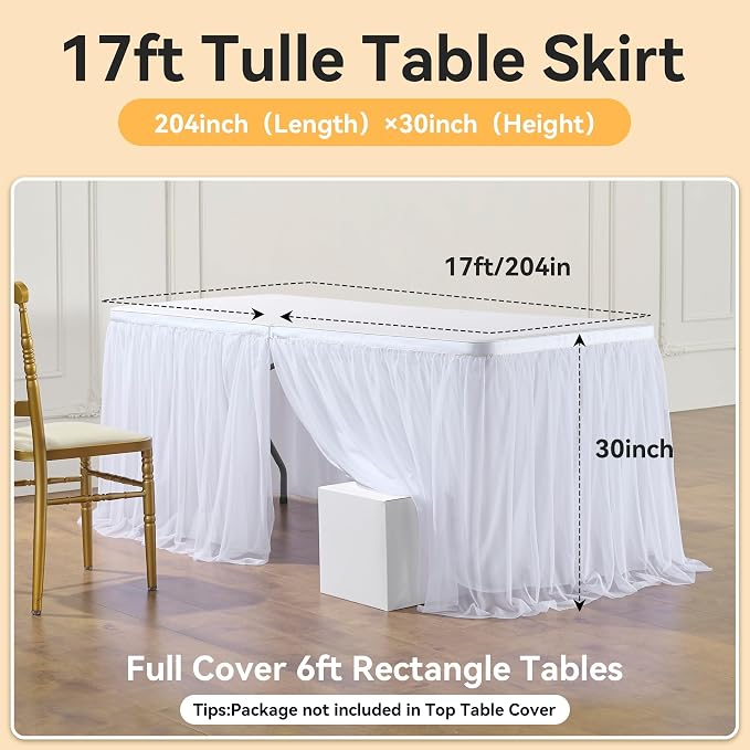 204in White Tulle Table Skirts for Rectangle Tables 6ft 8ft, 2-Layer Gold Grim Ruffle Tulle Tutu Cloth Table Skirt 17ft Long for Wedding Birthday Party Baby Shower Cake Dessert Tables(No Table Cover) - Image 5
